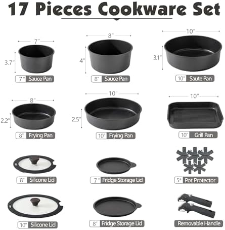 SENSARTE 17 Piece Nonstick Detachable Handle Pots and Pans Set Black