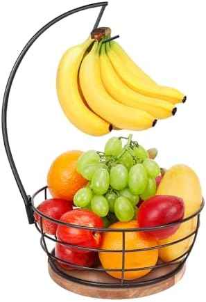 Livabber Countertop Fruit Basket Bowl with Banana Hanger, Modern Standing Fruit Vegetable Bowl Storage, with Banana Tree Holder for Kitchen Dinning Table (Round Wood, Black)