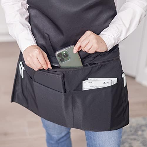 iServ Black Full Length Clip-on Bib Apron with 5 Pockets and Zipper