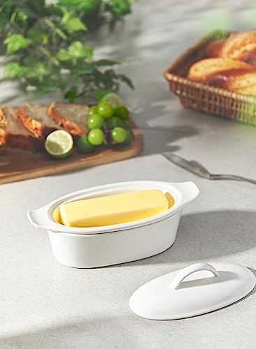 3-Piece Butter Dish with Water Reservoir, Porcelain Butter Boat with
