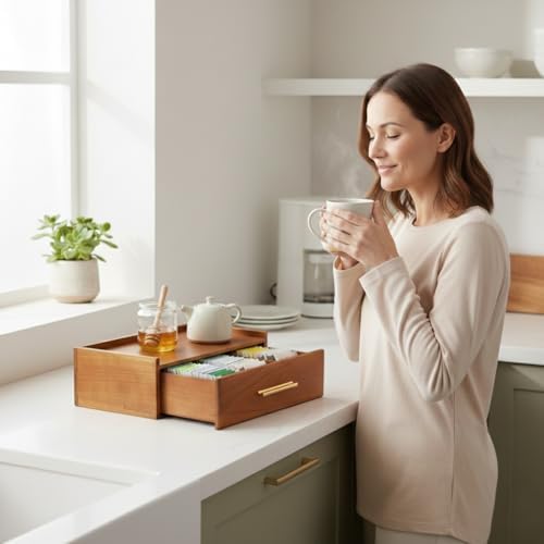 Tea Bag Organizer for Counter – Easy Pull Drawer, Anti-Slip Pads