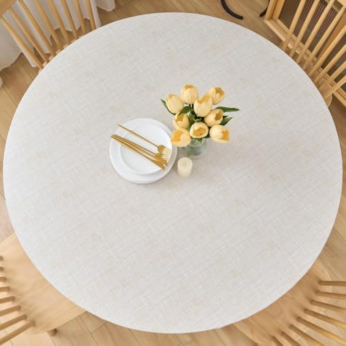LIBERECOO Round Vinyl Fitted Tablecloth with Flannel Backing Elastic