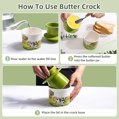 Ceramic Butter Crock With Lid for Countertop, Embossed Cow Butter