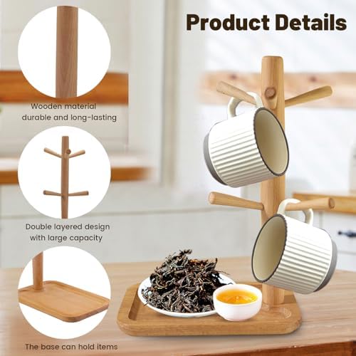 Wooden Coffee Mug Tree, Mug Holder with 6 Hooks and Storage Base
