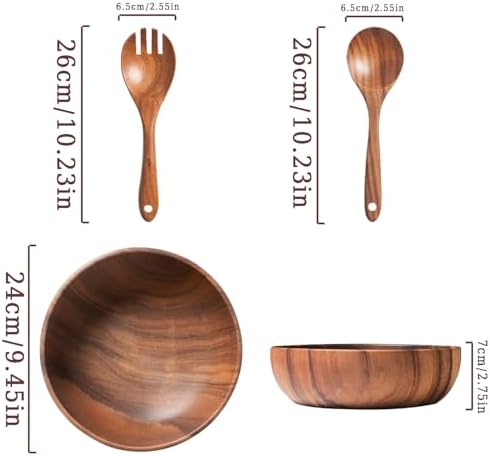 YXE Wooden Salad Bowl Set, 9.45 inch*2.75 inch Acacia Wood Large Salad