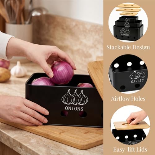 3 Pack Potato Onion Garlic Storage Set, Bamboo Lids