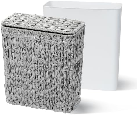 Coeusy Small Wicker Bathroom Trash Can with Lid, Grey