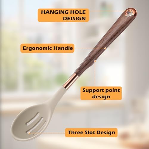 MANJIA Silicone Slotted and Solid Cooking Spoons Set, 2 Piece, Khaki