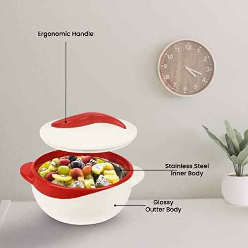 Pinnacle Insulated Casserole Dish with Lid 2.6 qt. Hot Pot Food Warmer/Cooler –Great Thermal Soup/Salad Serving Bowl- Stainless Steel Hot Food Container–Best Gift Set for Moms –Holidays Red/white