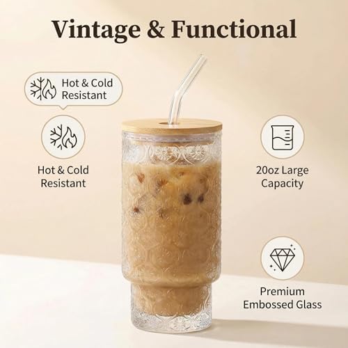 KUHNMARVIN 4Set Iced Coffee Glass Tumbler with Bamboo Lid and Glass