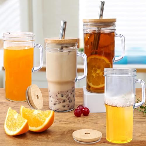 24oz Glass Cups with Lids and Straws - Glass Tumbler cup with bamboo