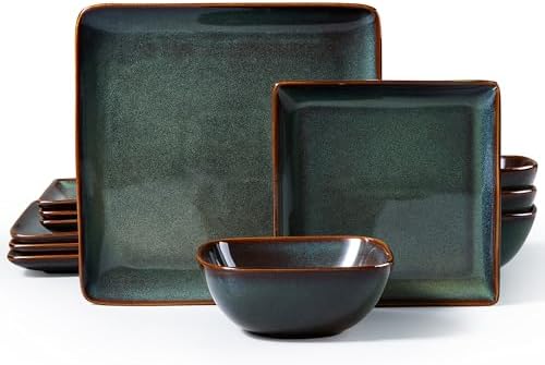 E-far 12-Piece Square Stoneware Dinnerware Sets for 4, Reactive Green