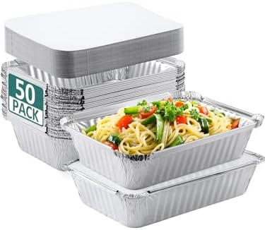 NEEBAKE 50 Pack 8x6 Disposable Aluminum Pans with Lids