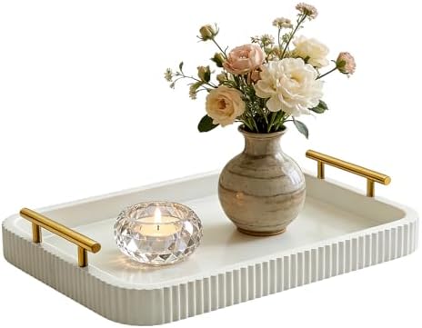 Rectangle Modern Wood Serving Tray with Metal Handles, High Gloss