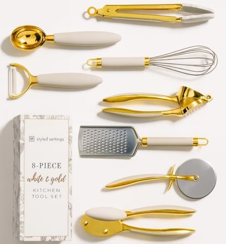Styled Settings 8-Piece White and Gold Cooking Utensil Set