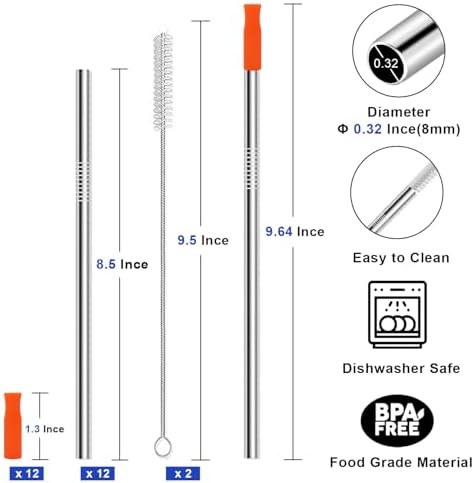 Newly Upgraded 8.5In Reusable Stainless Steel Straws Set 12 PCS with