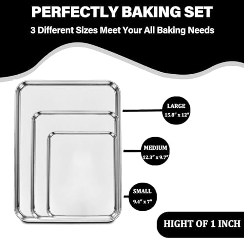 Set of 3 Baking Sheet, Stainless Steel Cookie Sheet Baking Sheet Pan