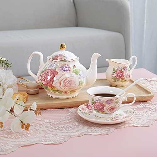 fanquare European Vintage Floral Porcelain Coffee Set, Pink Women Tea