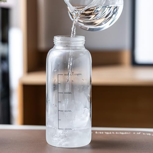 34oz Glass Water Bottle with Capacity Mark & Sleeve, BPA-Free Tea