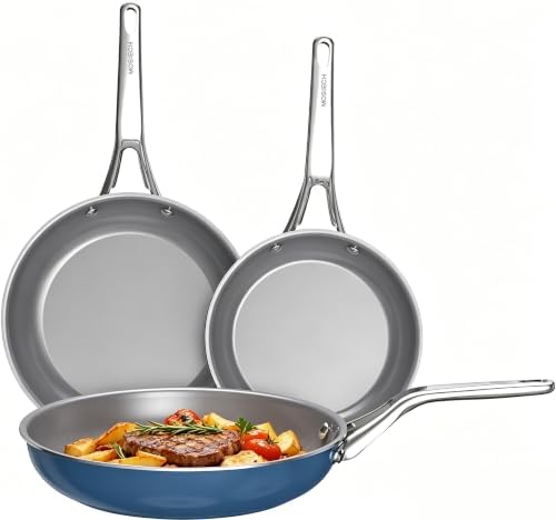 3-Piece Blue Ceramic Nonstick Frying Pan Set, Induction Cookware
