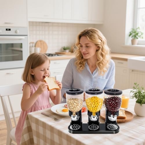 1 Pcs Triple Indispensable Dry Food Dispenser with Cup Black Cereal Storage Container 67oz Each Capacity for Kitchen Rice Nuts Cereal Snack Gumball Candy Dog Food