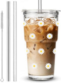 Cute Glass Cups with Lid and Straws, 20oz, Reusable Iced Coffee Cup