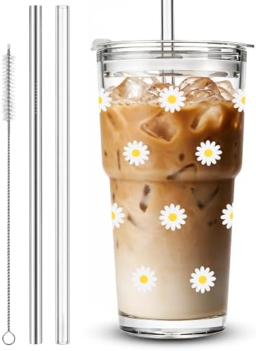 Cute Glass Cups with Lid and Straws, 20oz, Reusable Iced Coffee Cup