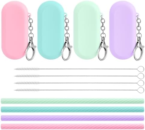 4 Sets Reusable Portable Silicone Straws with 4 Cleaning Brushes and