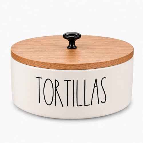 Tortilla Warmer with Lid — Ceramic Tortilla Holder with Wood Lid