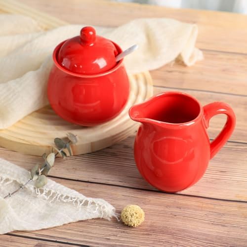 Ceramic Colorful Creamer and Sugar Set with Lid Spoon, Coffee Serving