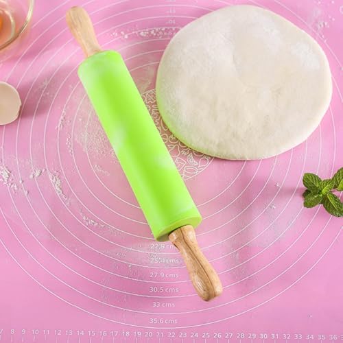 Silicone Rolling Pin with Wood Handle, Nonstick Kitchen Dough Roller