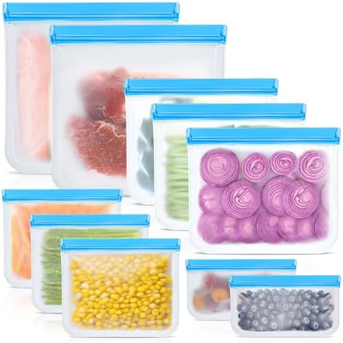 Reusable Silicone Food Storage Bags, 10 Pack 4 Size Leak proof