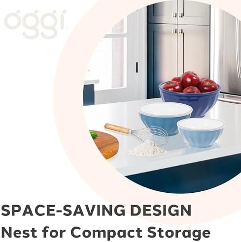 Oggi Set of 3 Ribbed Mixing Bowls with Lids - Nested Plastic Bowls for