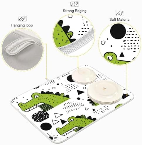 OTVEE Dinosaur Fun Art Dish Drying Mat for Kitchen Counter Absorbent