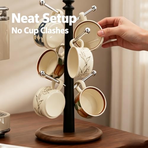 Wooden Mug Tree Holder, Countertop Coffee Cup Stand with Solid Wood