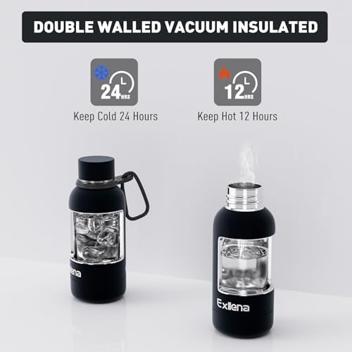 Exllena Small Water Bottle 12oz with Clip, Double Wall Stainless Steel