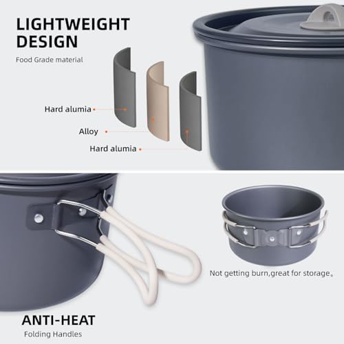 13-Piece Camping Cookware Set for 2, 2 L Pot & 1.1 L Kettle