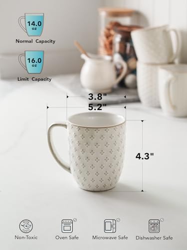 LE TAUCI Ceramic Coffee Mugs Set of 4, 16 oz, Embossed, Arctic White