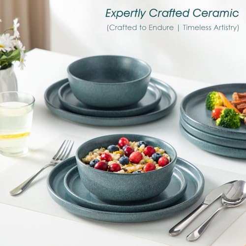 vancasso Plates and Bowls Sets, 24 Pieces Stoneware Dinnerware Set for 8, Ceramic Dish Set for Kitchen, Microwave and Dishwasher Safe, Smoky Teal, Series ZERMATT