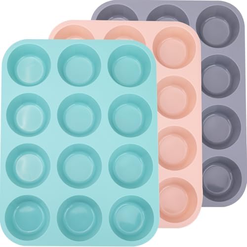 3 Pack 12 Cups Silicone Muffin Pan,Nonstick Regular Silicone Cupcake