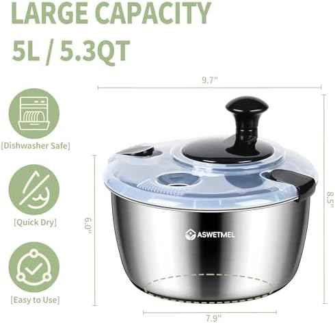 5.3QT Large Stainless Steel Salad Spinner, ASWETMEL Metal Salad