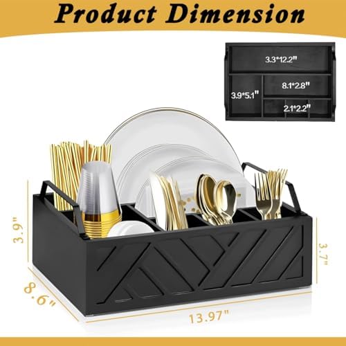 Paper Plate Dispenser with Utensil Caddy, Rustic Wooden 6-Compartment
