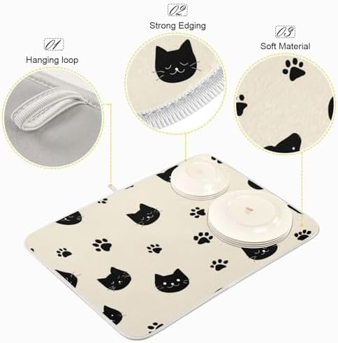 OTVEE Cute Cat Art Dish Drying Mat for Kitchen Counter Absorbent Heat