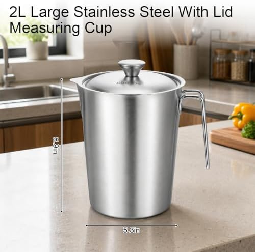 Stainless Steel Pitcher with Lid, 70 oz/2 L Metal Measuring Cup