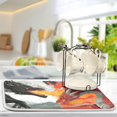OTVEE Fire Dragon Ice Dragon Art Dish Drying Mat for Kitchen Counter