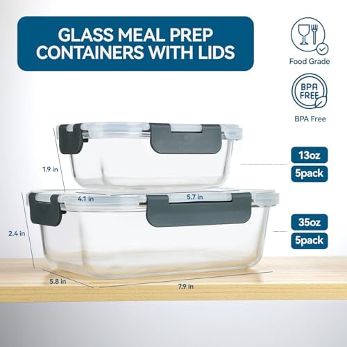 BAYZZ 10 Pack Glass Meal Prep Containers with Lids