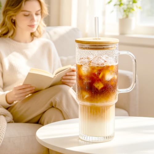 32 oz Glass Tumblers with Handle, Glass Cup with Bamboo Lid & Straw