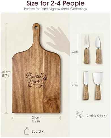 100% Acacia Wood Charcuterie Board Gift Set with Handle & 4 Cheese Knives