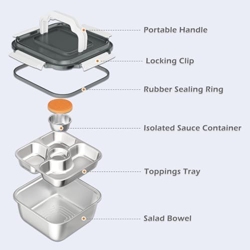 64oz Salad Bowl, Lunch Salad Container contain 4-Section Bento Tray