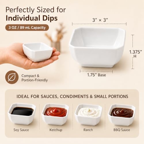 3 OZ Square Dip Bowls Set of 6, White Ceramic Dipping Sauce Dishes